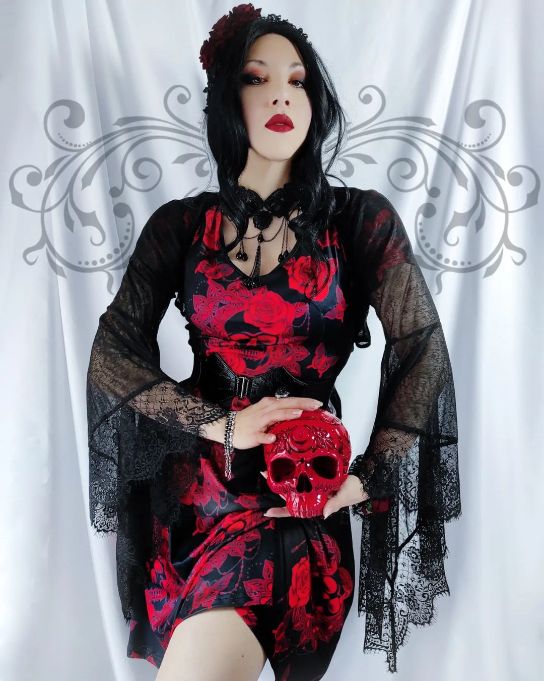 Gothic Skull Rose Print A Line Tee Dress