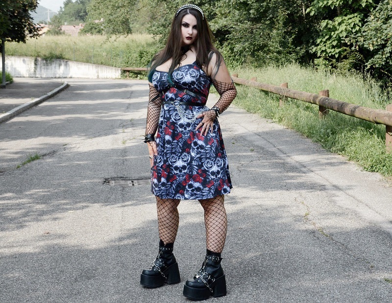 Gothic Skull Rose Print Sleeveless A Line Dress