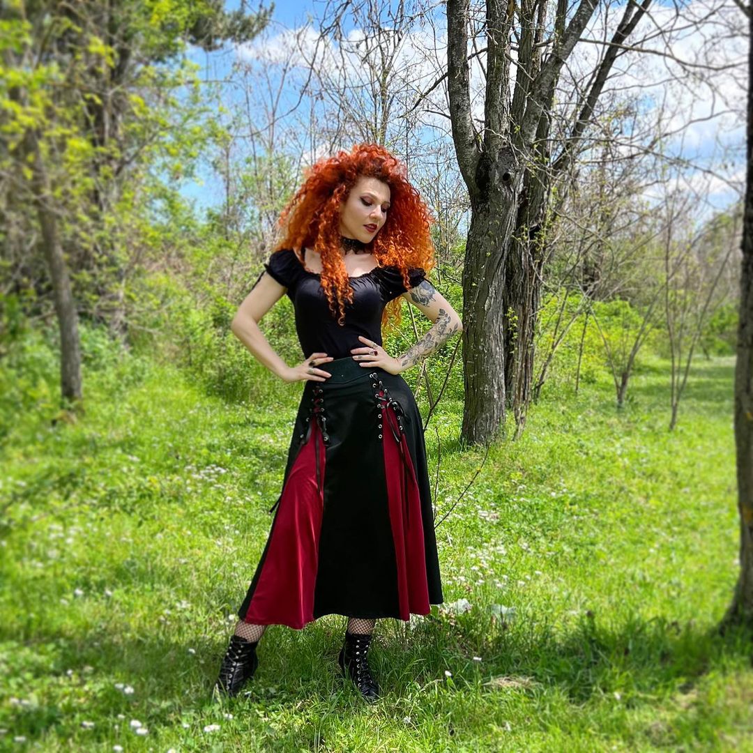 Halloween Vampire Costume Gothic Lace Up Two Tone Godet Hem Midi A Line Victorian Walking Skirt